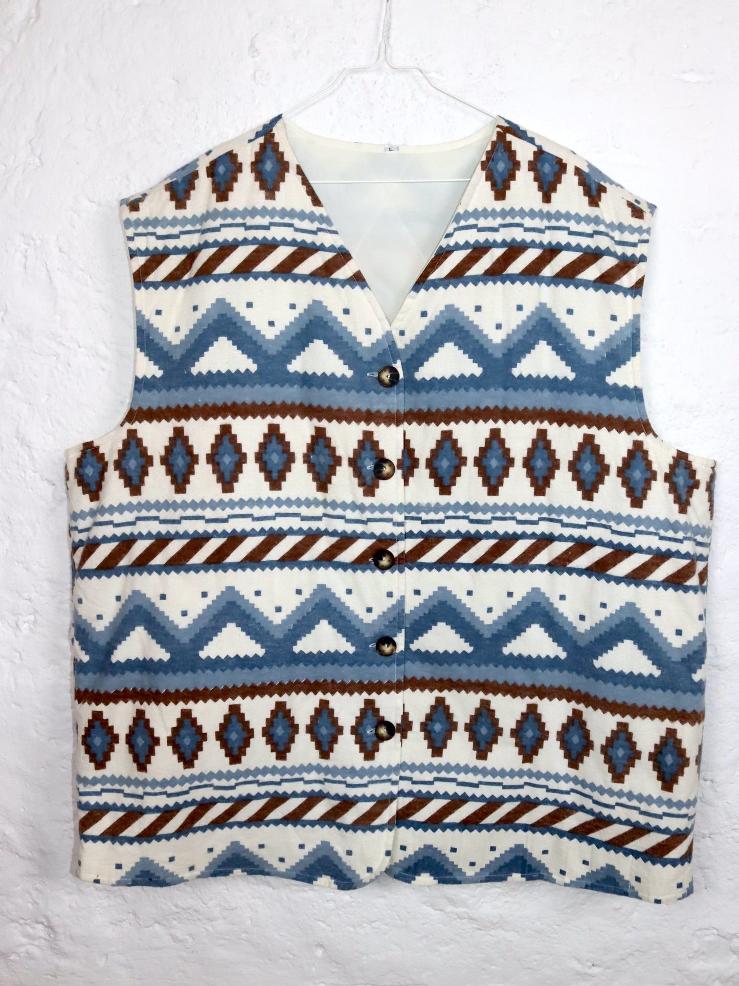 Vintage 80s 90s vest patterned button placket white blue brown XL