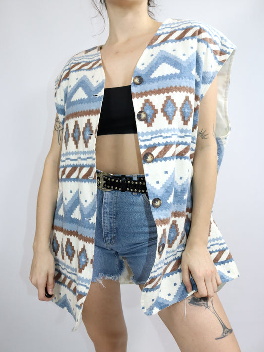 Vintage 80er 90er Weste gemustert Knopfleiste weiß blau braun XL