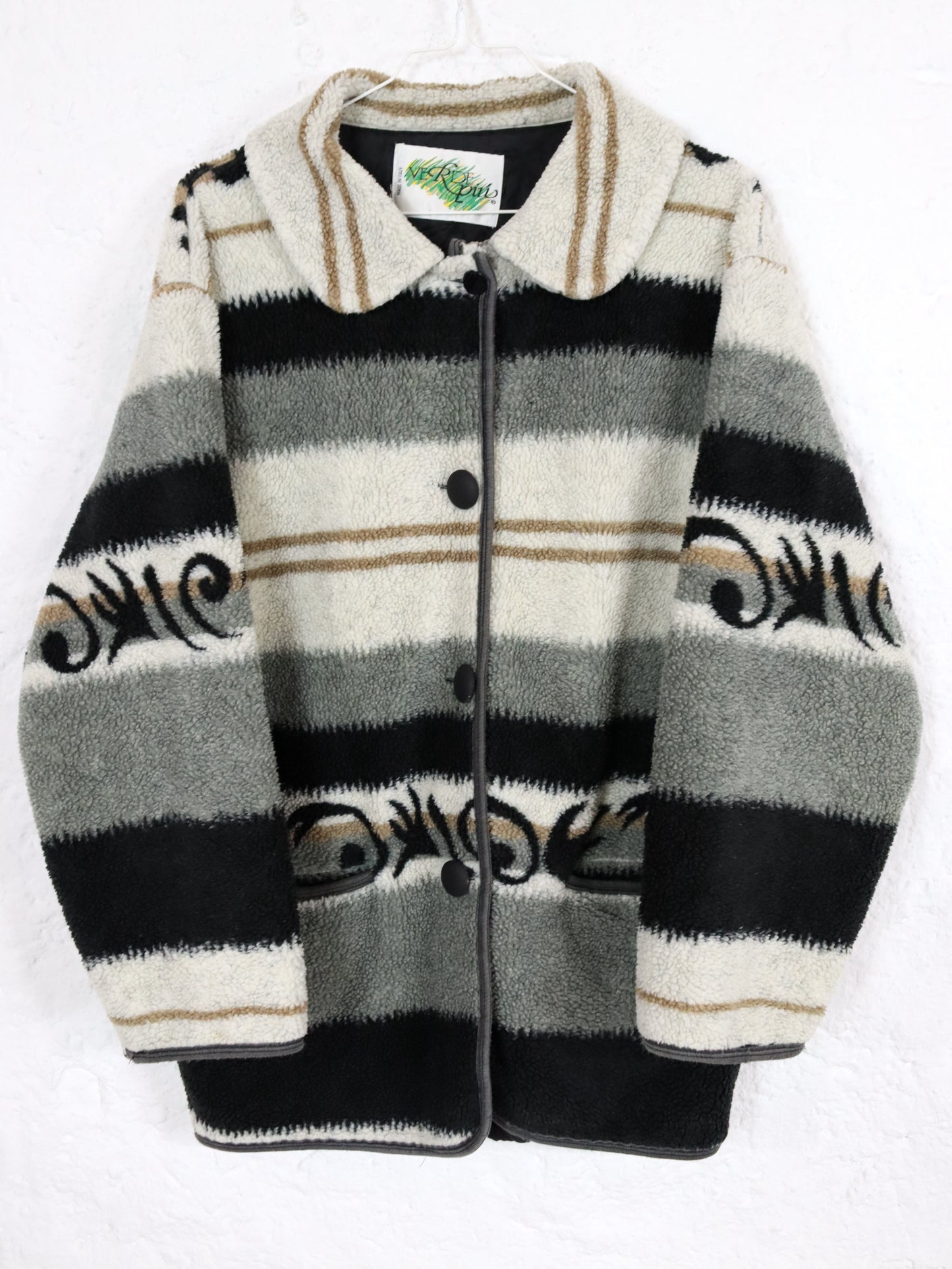 Vintage 80s 90s VERDE PIU coat jacket teddy fleece Navajo white grey lightly lined M