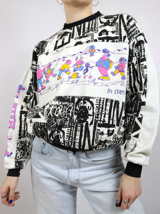 Vintage 80er 90er STAM Sweatshirt Pullover gefüttert crazy pattern bunt S