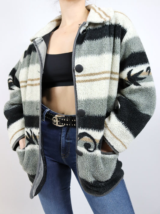 Vintage 80er 90er VERDE PIU Mantel Jacke Teddyfleece Navajo weiß grau leicht gefüttert M