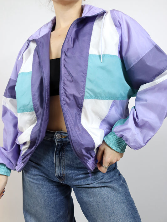 Vintage 80er 90er NEW LINE Trainingsjacke Jacke Stehkragen glänzend weiß lila türkis M
