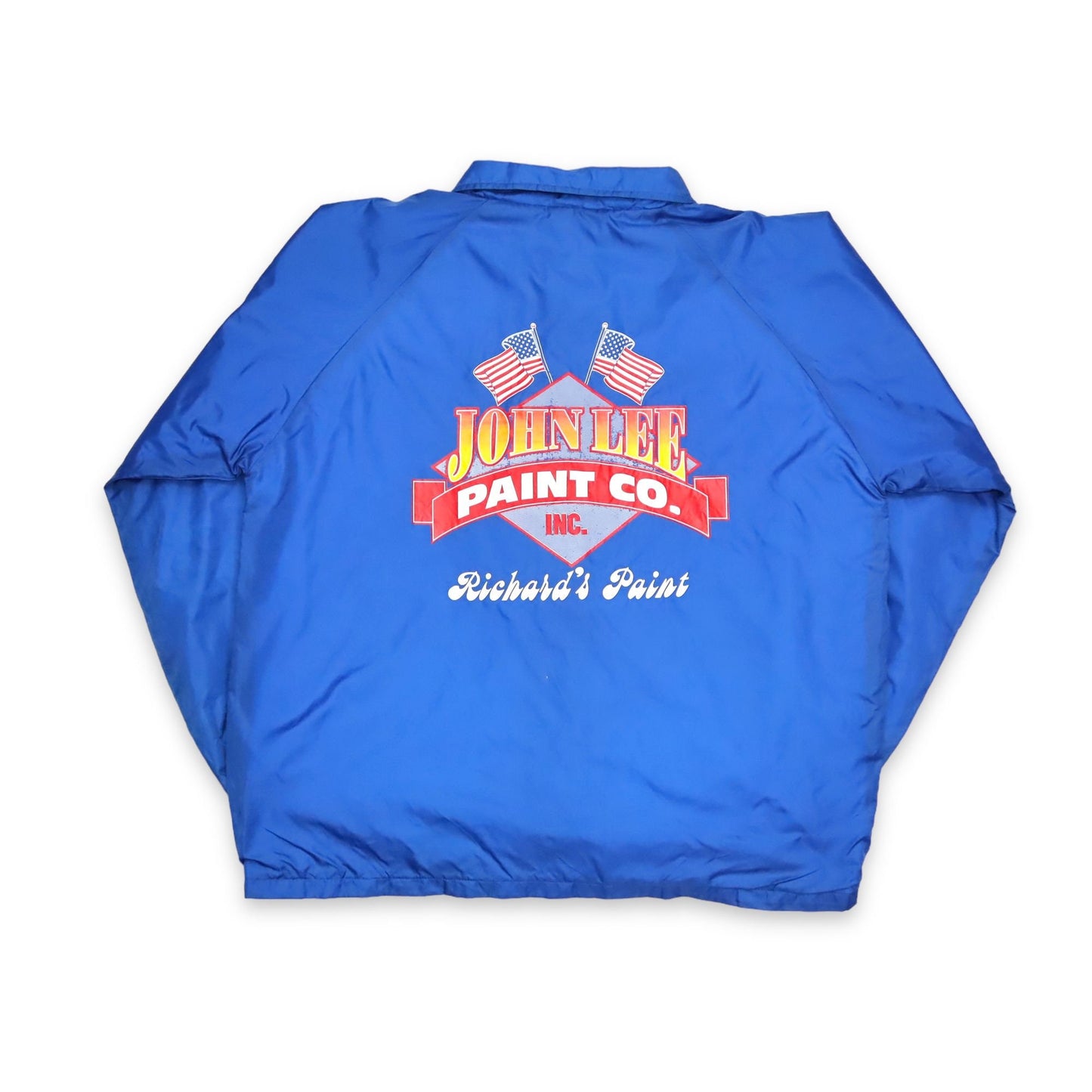 Vintage AUBURN Windbreaker Jacket Button Front Blue John Lee Paint Co. Print Back XL