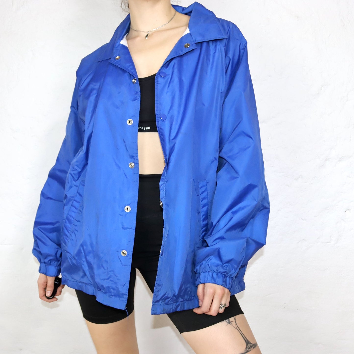 Vintage AUBURN Windbreaker Jacket Button Front Blue John Lee Paint Co. Print Back XL