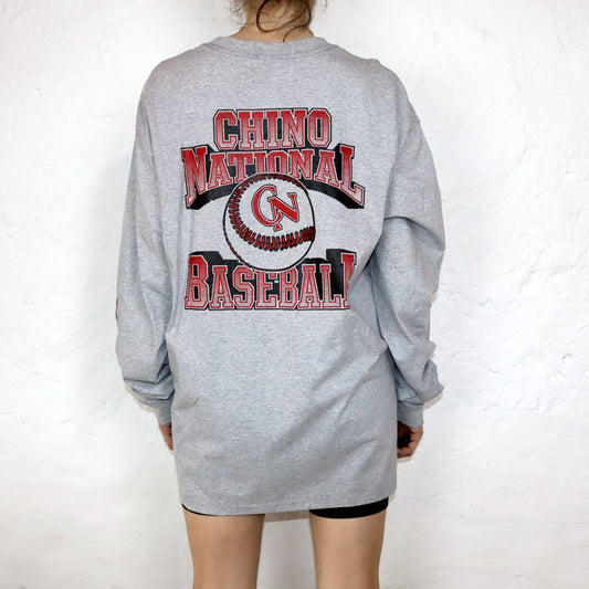 Vintage Chino National Baseball Longsleeve Shirt grau rot XL