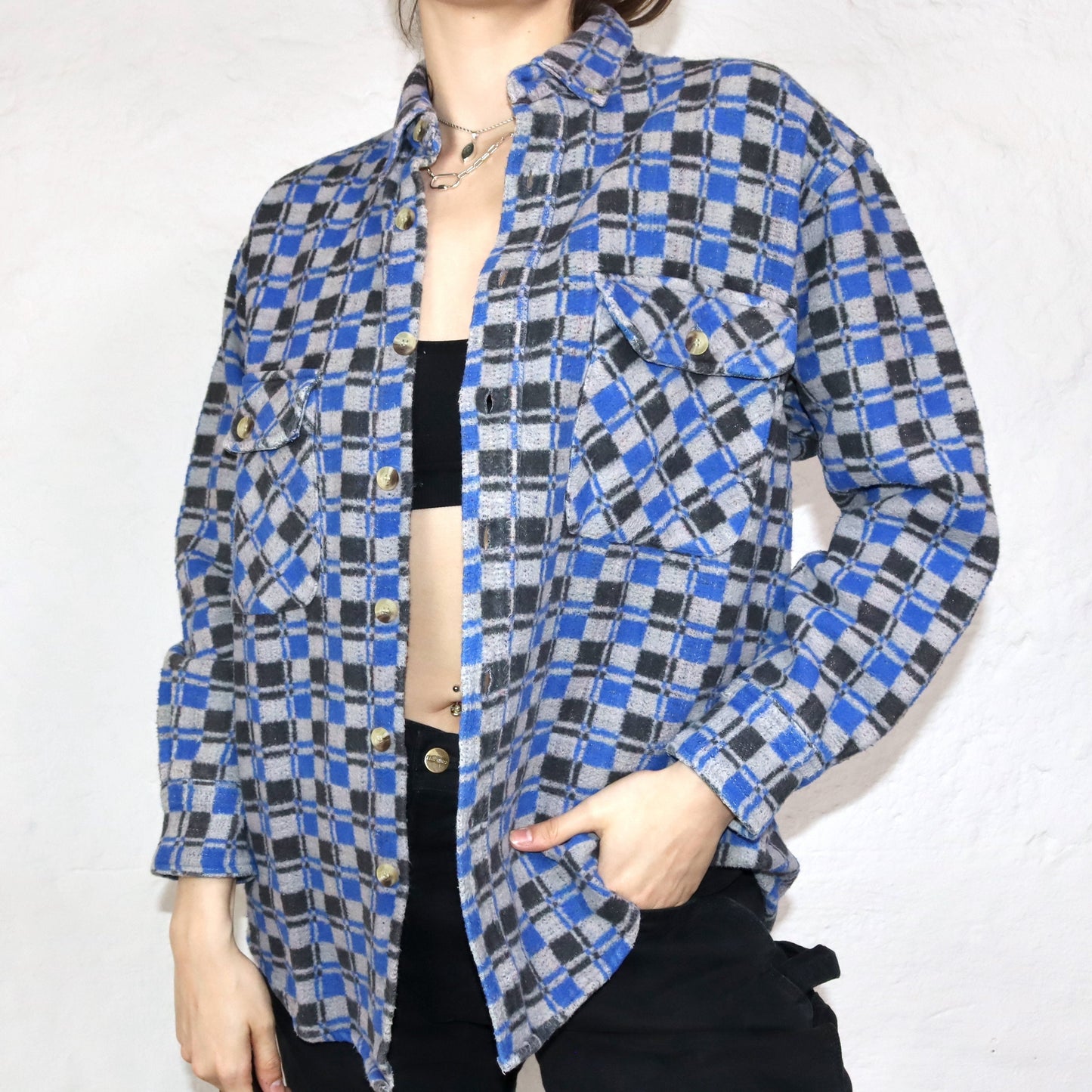 Vintage flannel shirt checked gray black blue M