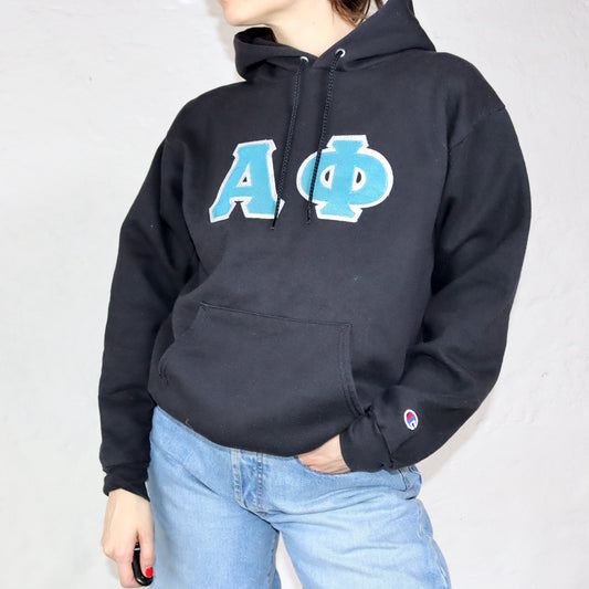 Vintage Hoodie Pullover Aufdruck College türkis schwarz