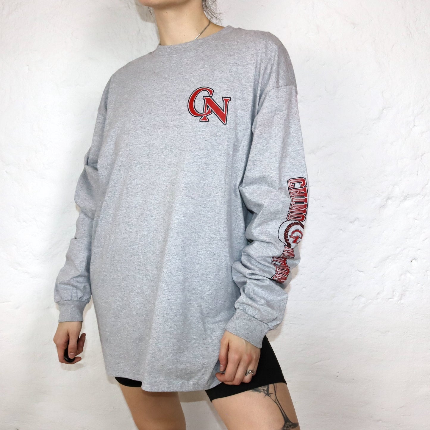 Vintage Chino National Baseball Longsleeve Shirt grau rot XL