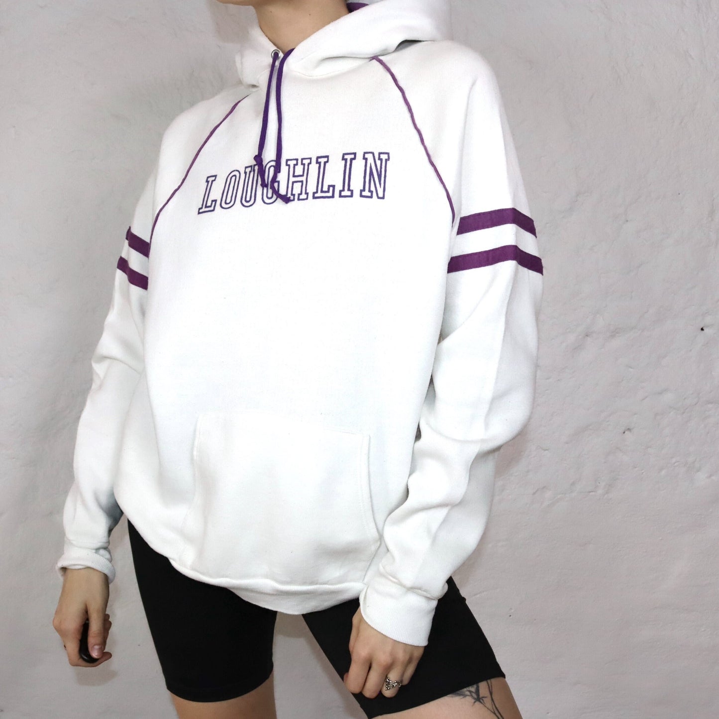 Vintage Hoodie Pullover weiß lila Loughlin Jerzees by Russell XL 46