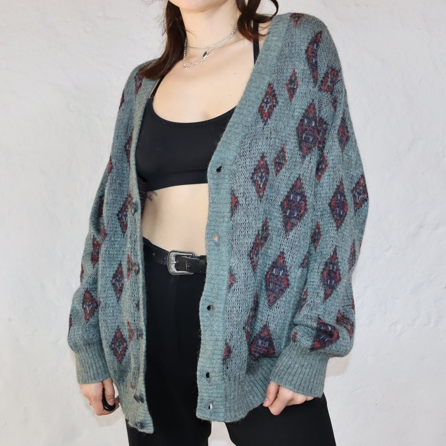 Vintage RODRIGO Cardigan wool turquoise crazy pattern 50 M