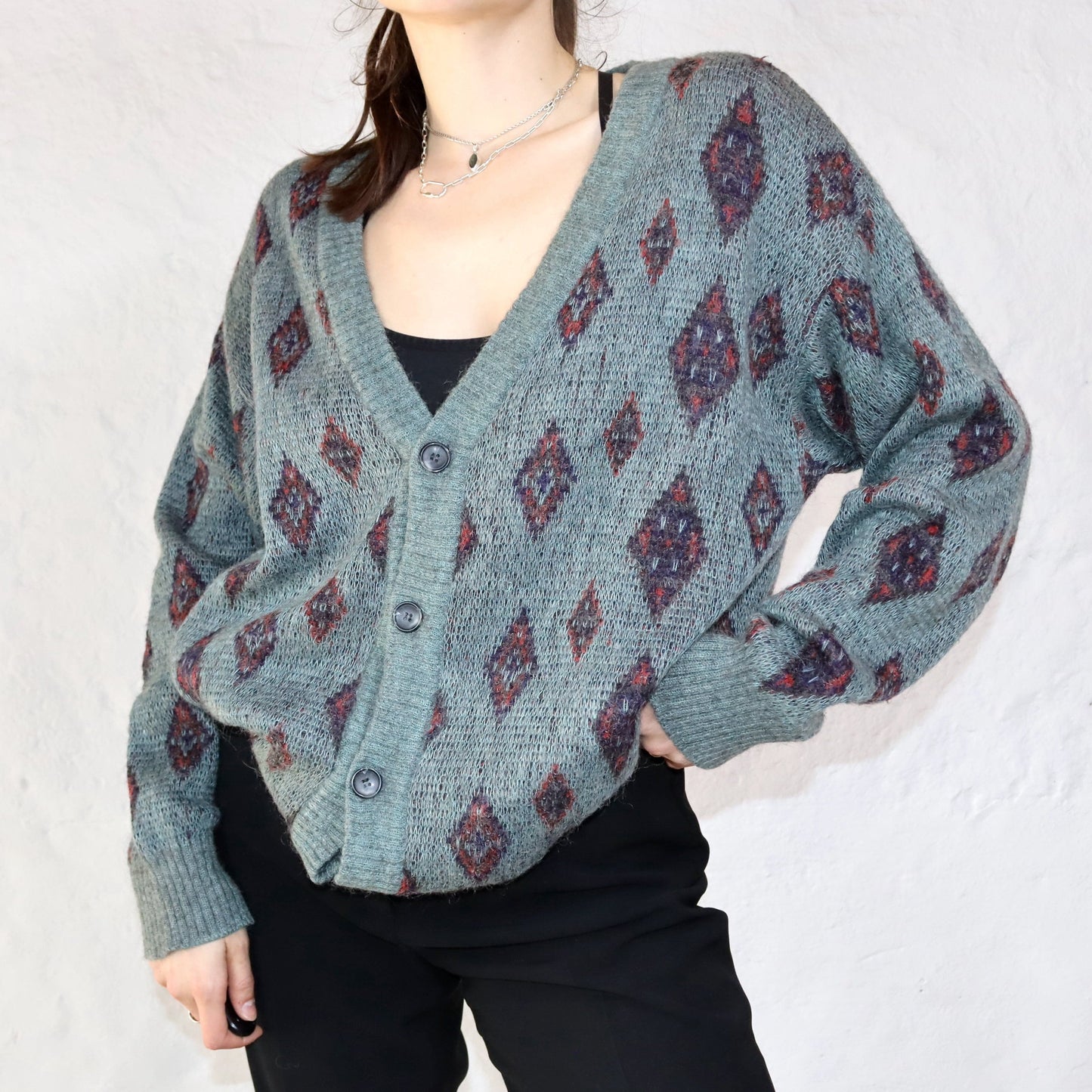 Vintage RODRIGO Cardigan wool turquoise crazy pattern 50 M