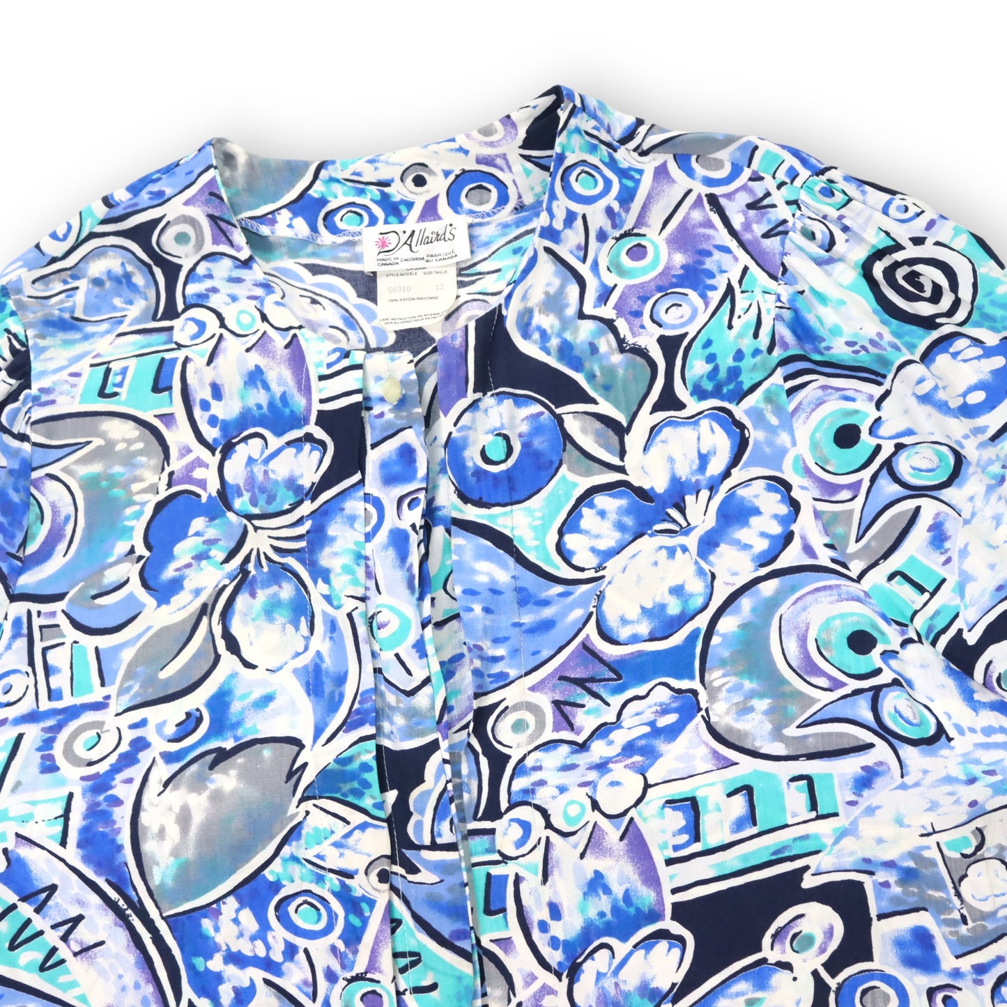 Vintage DAllairds blouse crazy pattern blue turquoise M