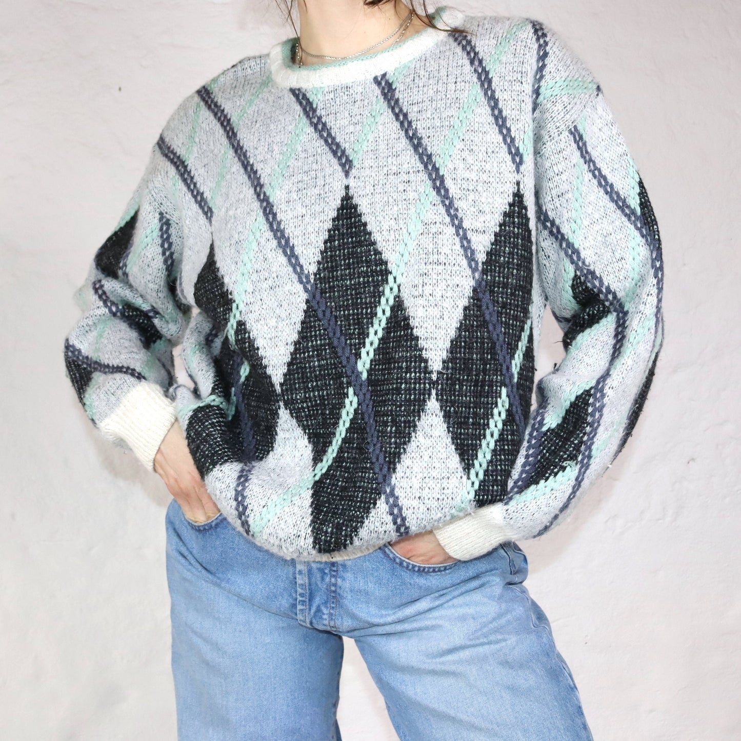 Vintage Pullover Alpaca Wolle gemustert türkis grau 50 M