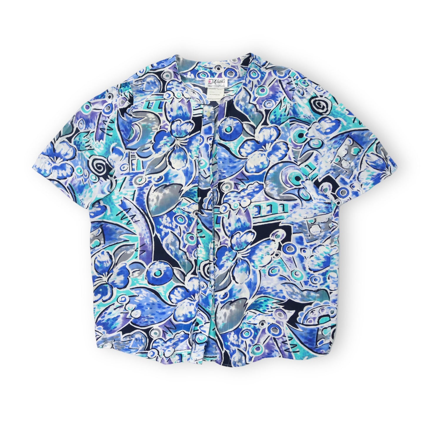 Vintage DAllairds blouse crazy pattern blue turquoise M