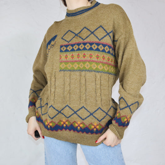 Vintage KAPPA Wollpullover Alpaca Muster beige M