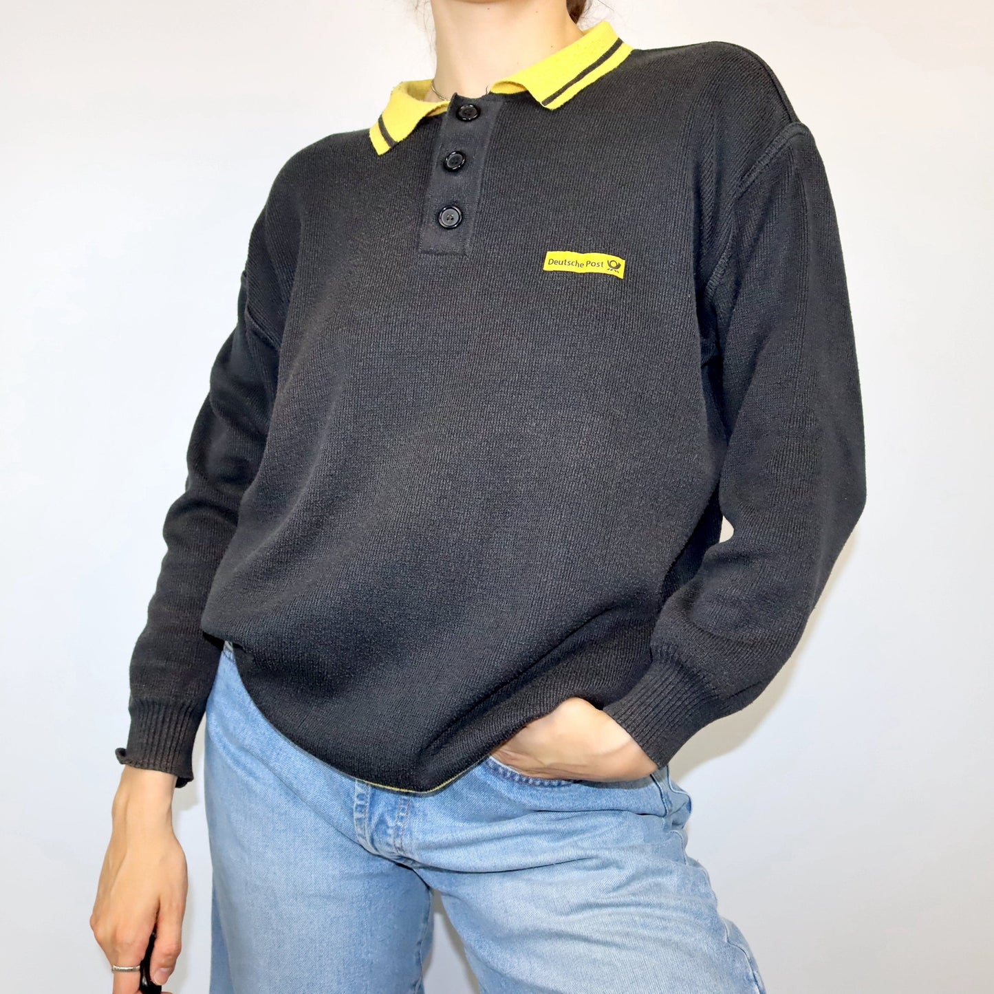 Vintage Deutsche Post Sweatshirt mit Polokragen schwarz gelb M
