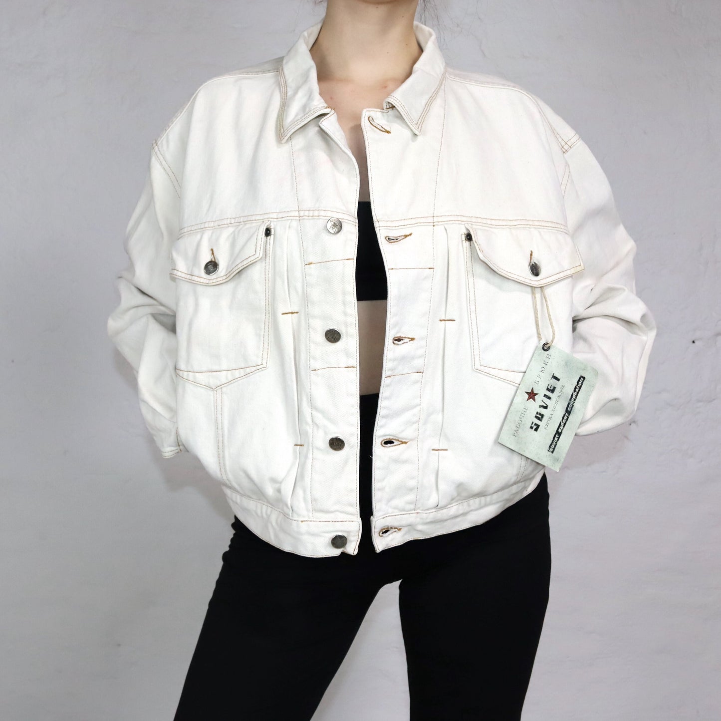 Vintage SOVIET denim jacket beige cream white Deadstock L