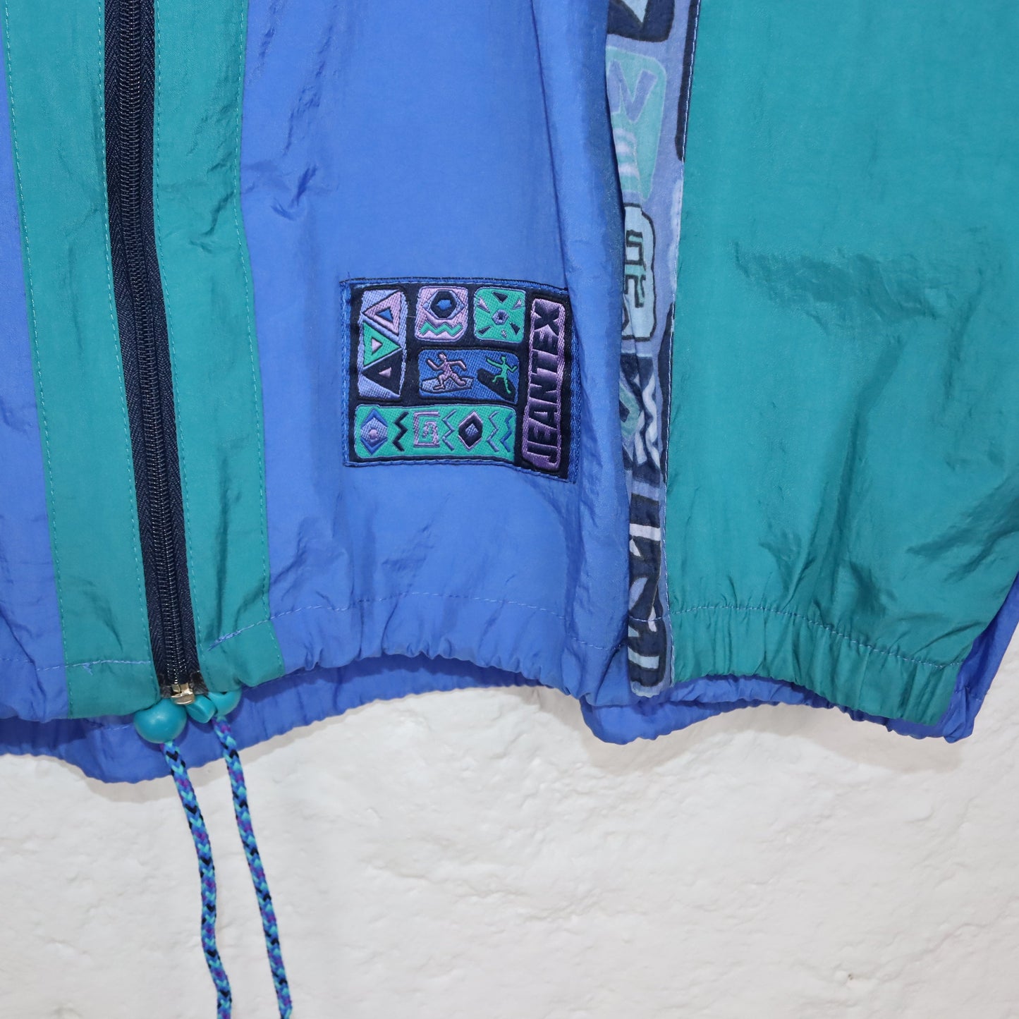 Vintage 80s 90s JEANTEX rain jacket windbreaker crazy pattern blue green 50/52 L