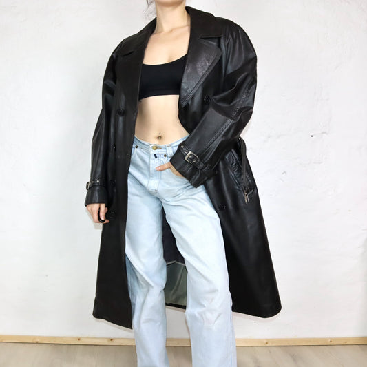 Vintage 80er 90er NIKATOR DDR VEB Freiberg Ledermantel Mantel mit Gürtel und Futter 50 L