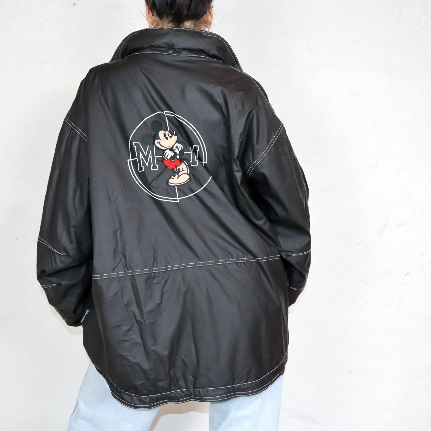 Vintage 80s 90s DISNEYLAND Paris PVC Rain Jacket inside Fleece Mickey Mouse Stand-Up Collar XL