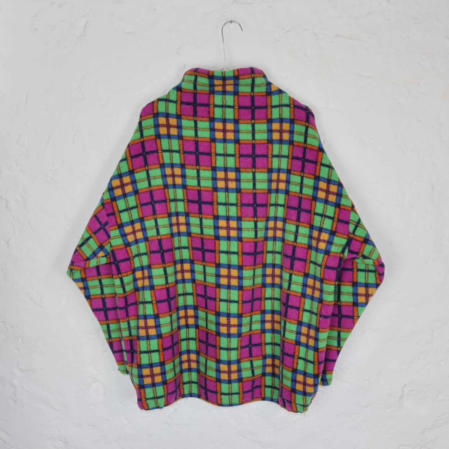 Vintage 80er 90er MOVIE Fleecepullover kariert Stehkragen bunt L Made in Italy