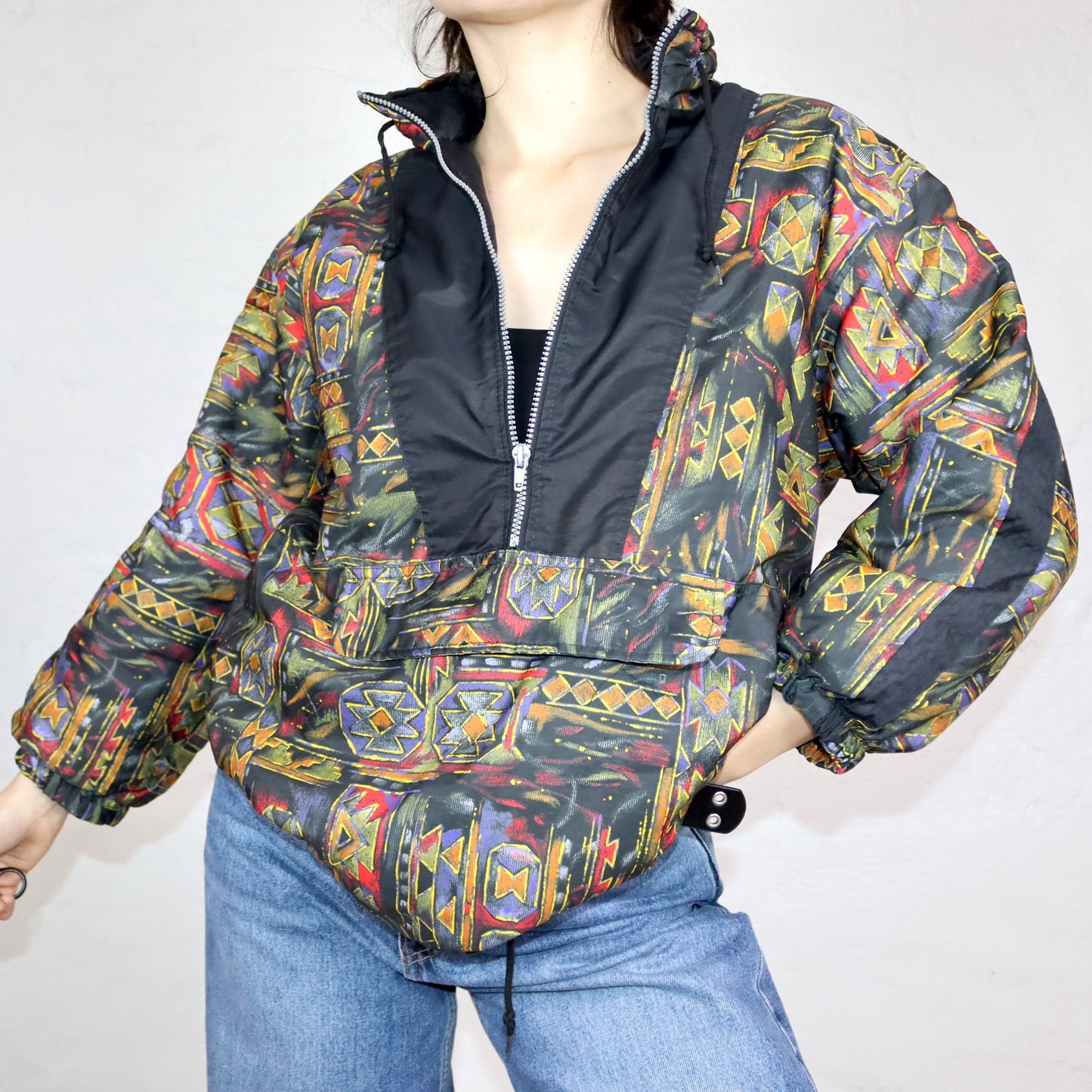 Vintage 80s 90s winter jacket lightly lined crazy pattern stand-up collar XS