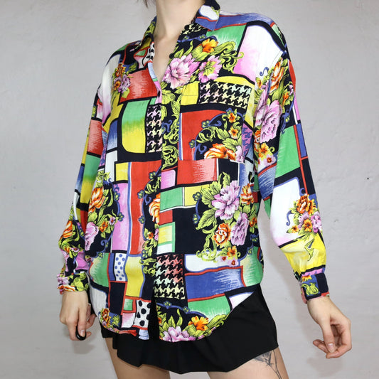 Vintage 80er 90er Bluse Viskose langarm crazy pattern bunt Barock M