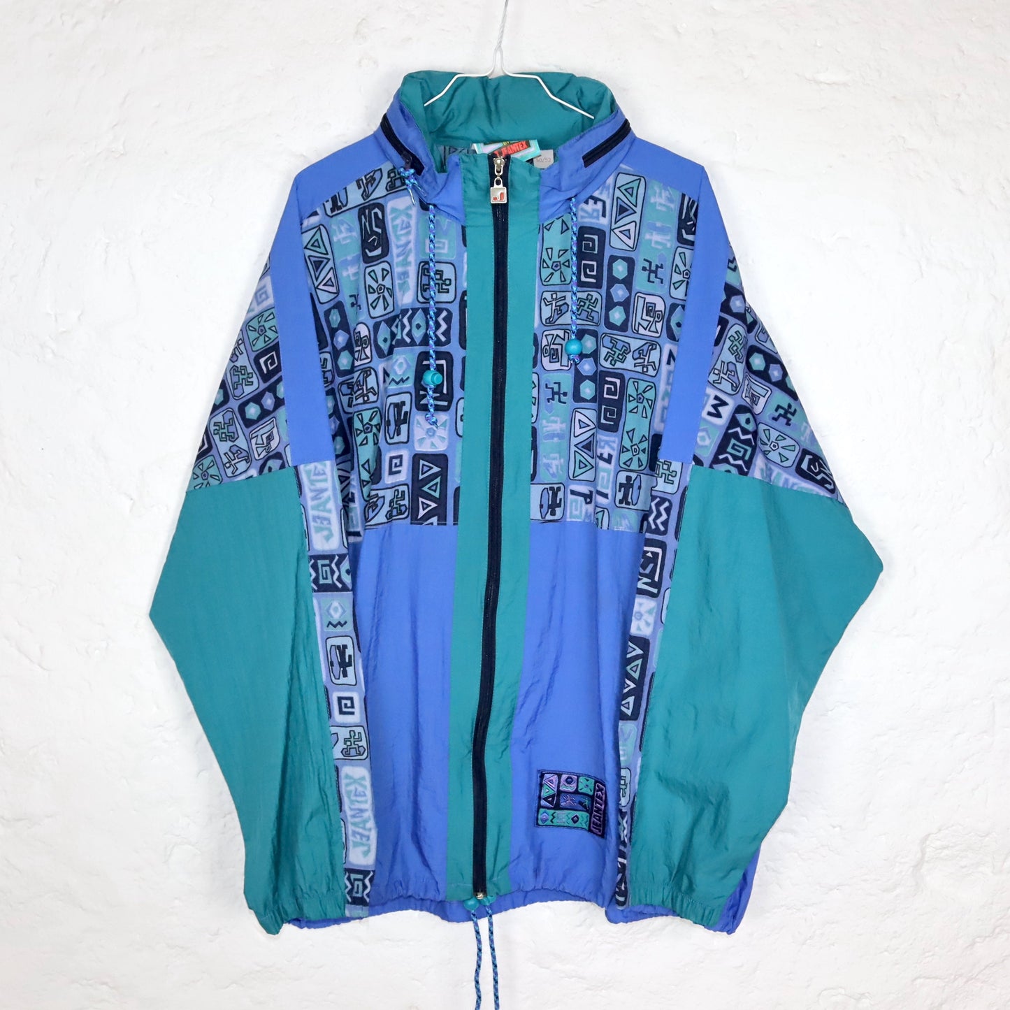 Vintage 80s 90s JEANTEX rain jacket windbreaker crazy pattern blue green 50/52 L
