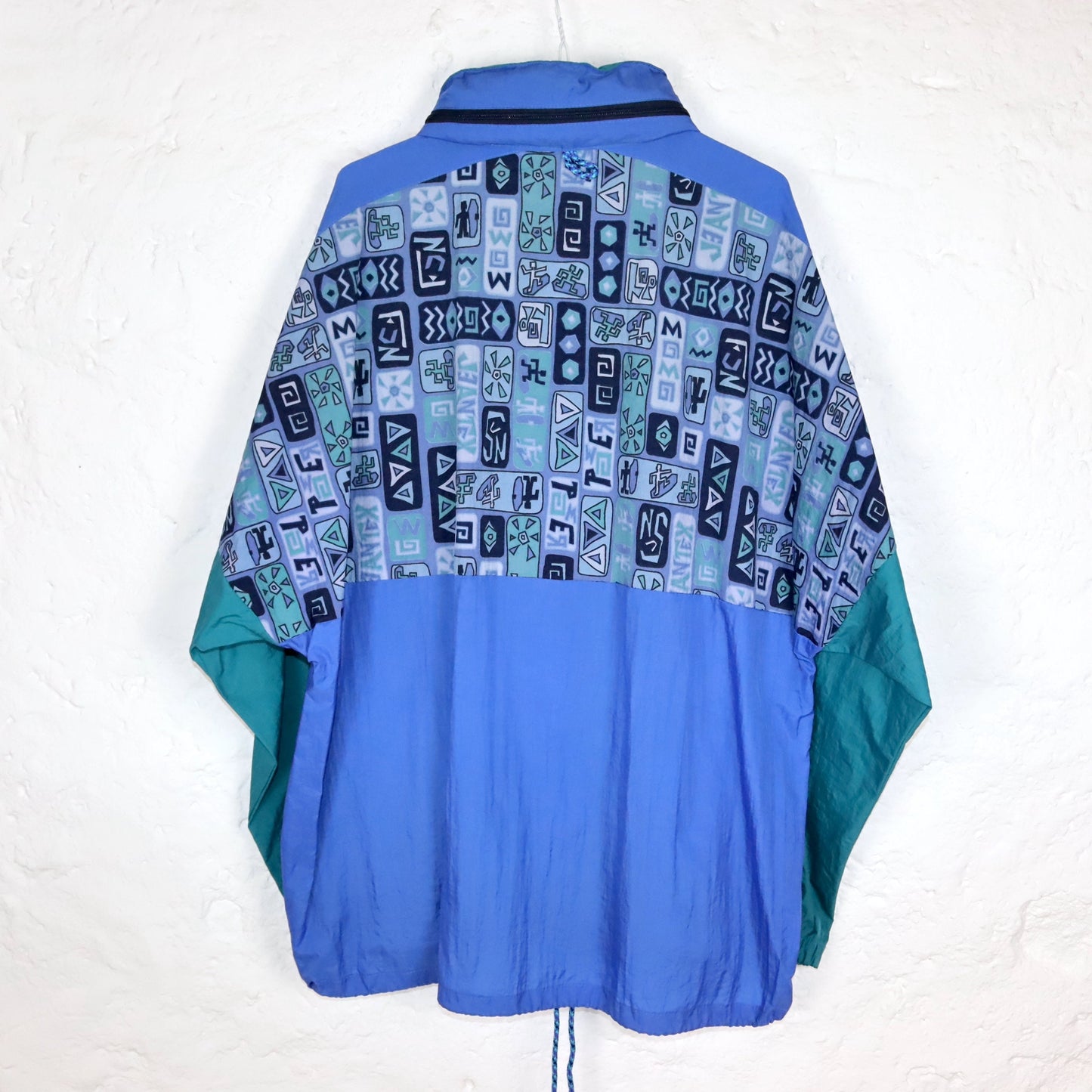 Vintage 80s 90s JEANTEX rain jacket windbreaker crazy pattern blue green 50/52 L
