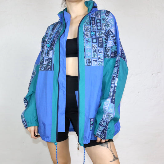 Vintage 80s 90s JEANTEX rain jacket windbreaker crazy pattern blue green 50/52 L