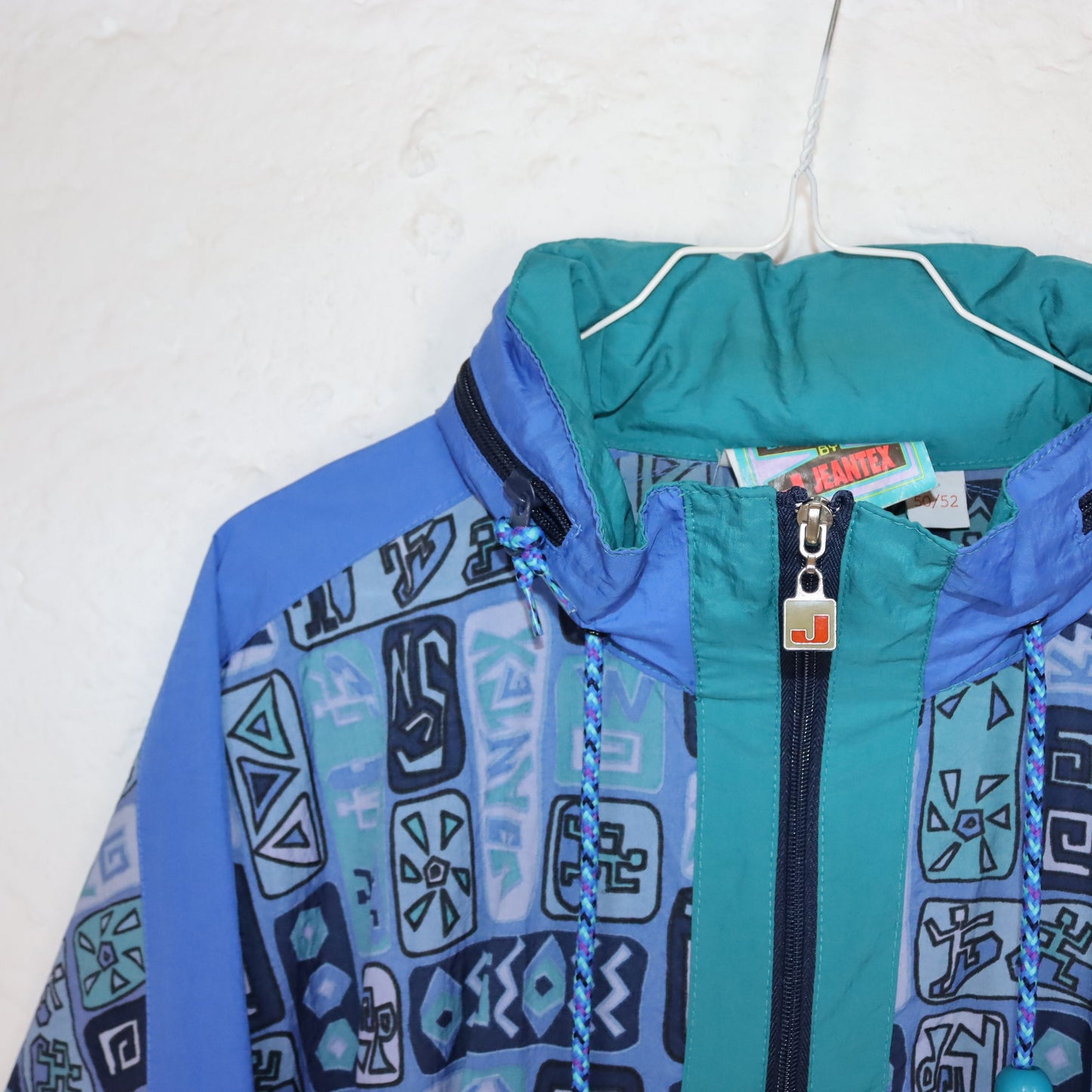 Vintage 80s 90s JEANTEX rain jacket windbreaker crazy pattern blue green 50/52 L