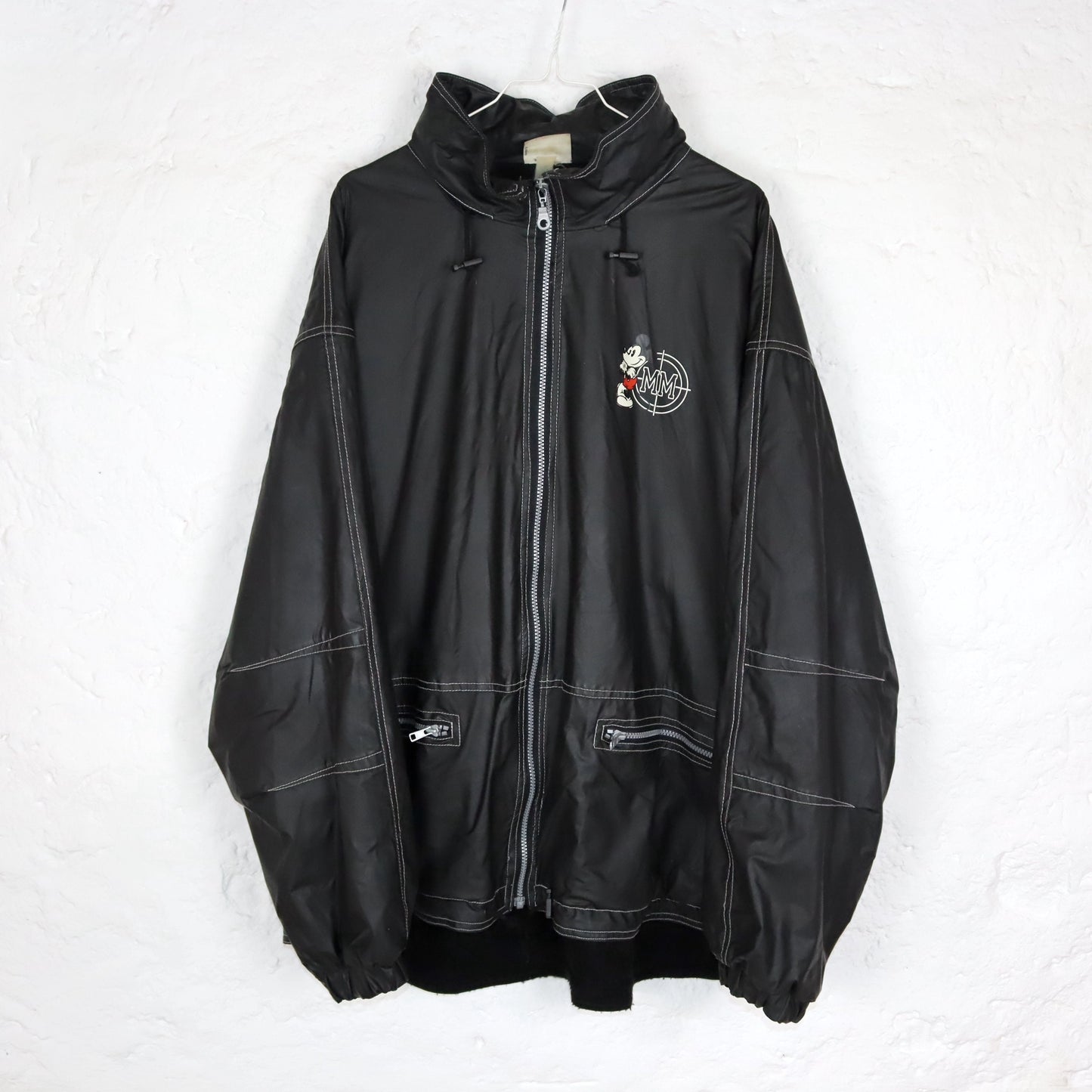 Vintage 80s 90s DISNEYLAND Paris PVC Rain Jacket inside Fleece Mickey Mouse Stand-Up Collar XL