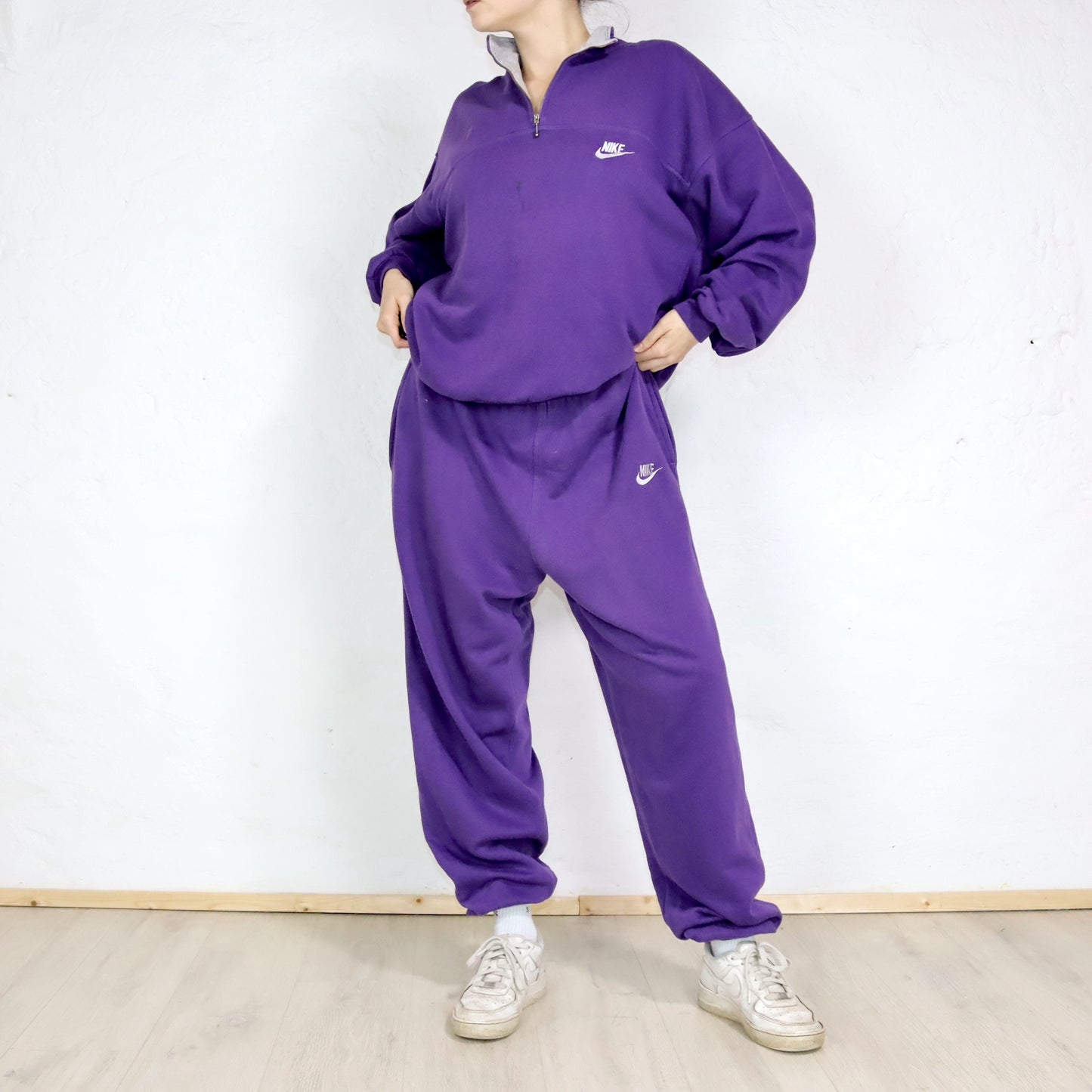 Vintage 80s 90s Rare NIKE Sweatsuit Tracksuit Sweatshirt Pullover Jogging Pants Purple Print XL