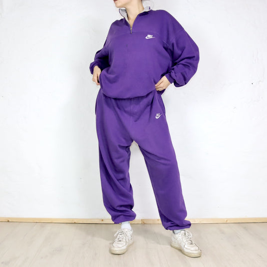 Vintage 80er 90er Rare NIKE Sweatsuit Trainingsanzug Sweatshirt Pullover Jogginghose lila Print XL