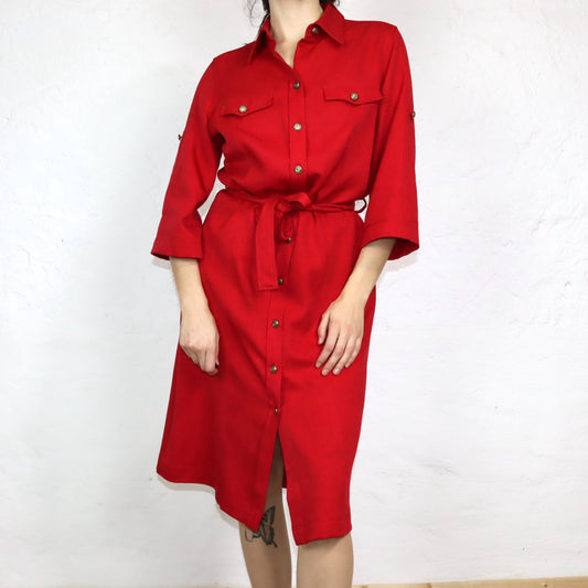 Vintage 80er 90er FAIR LADY Maxikleid Midikleid Kleid Gürtel Knopfleiste rot 42