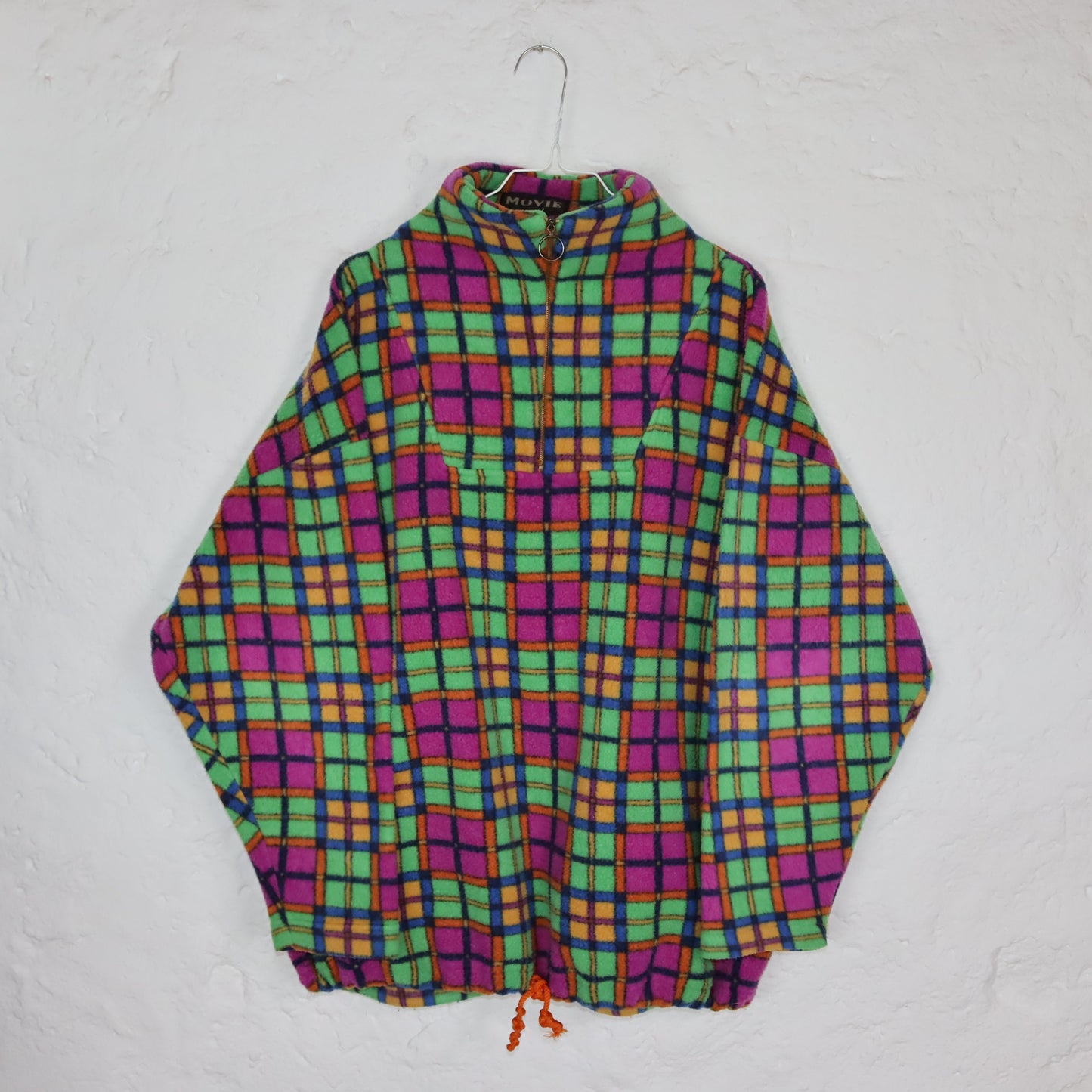 Vintage 80er 90er MOVIE Fleecepullover kariert Stehkragen bunt L Made in Italy