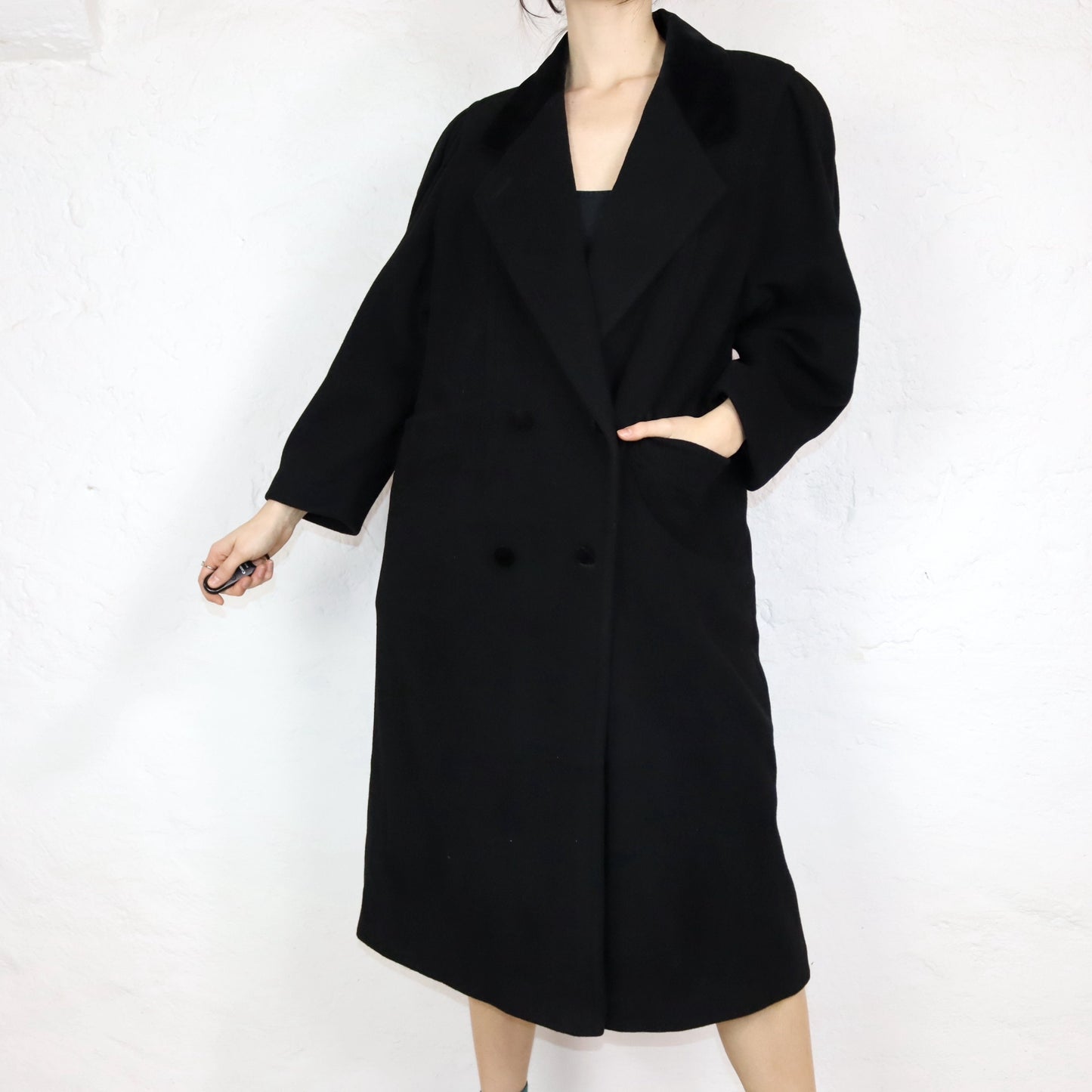 Vintage 80s 90s wool coat coat black velvet collar premium basic 40
