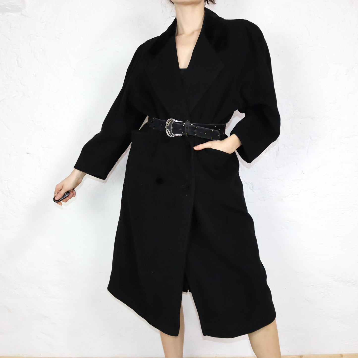 Vintage 80s 90s wool coat coat black velvet collar premium basic 40