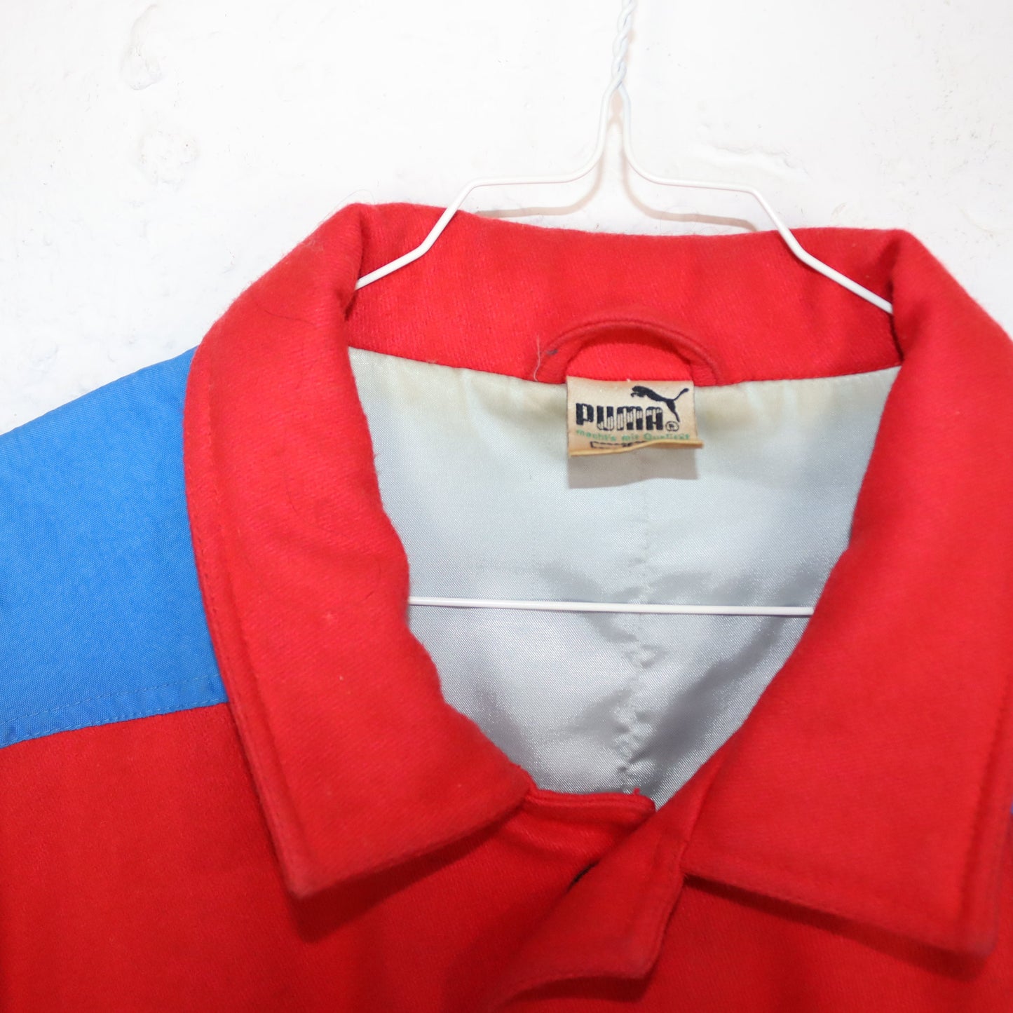 Vintage 80s 90s PUMA college jacket baseball jacket lined blue red Chinon crest patch shoulder pads 50