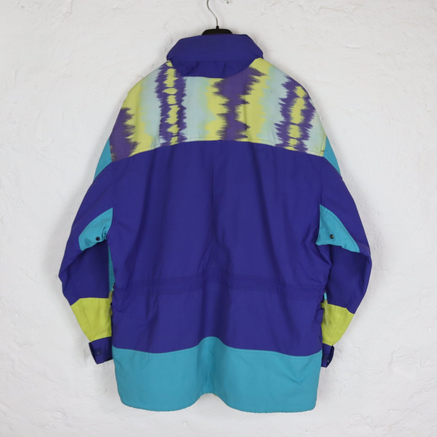 Vintage 80er 90er ADIDAS Trekking Jacke Windbreaker Parka Lila türkis gelb Stehkragen crazy pattern 50 L