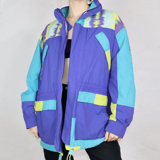 Vintage 80er 90er ADIDAS Trekking Jacke Windbreaker Parka Lila türkis gelb Stehkragen crazy pattern 50 L