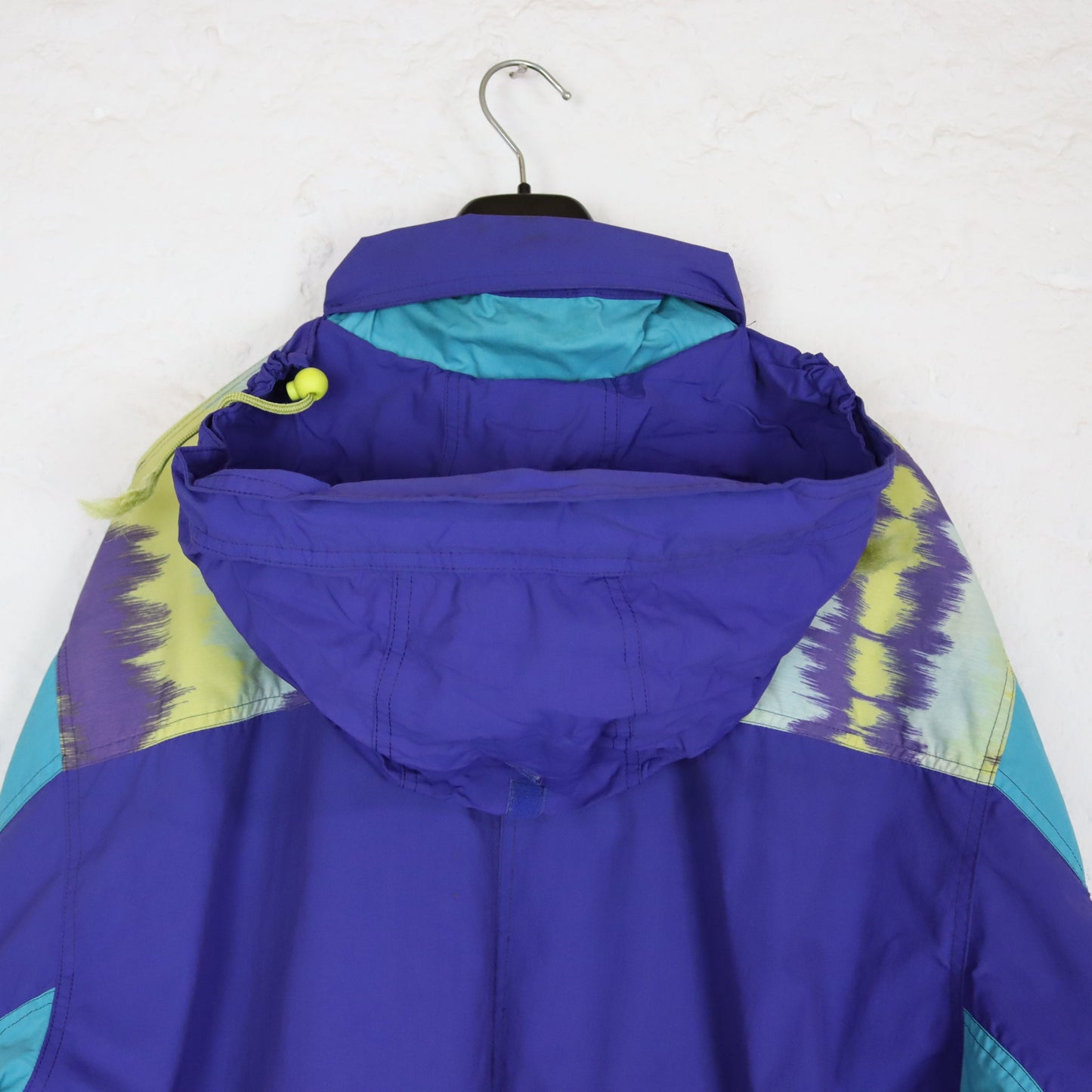 Vintage 80er 90er ADIDAS Trekking Jacke Windbreaker Parka Lila türkis gelb Stehkragen crazy pattern 50 L