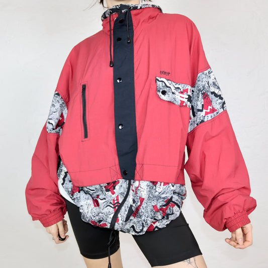 Vintage 80er 90er ETIREL Trainingsjacke Windbreaker Jacke crazy pattern rot schwarz doppellagig 56 XL
