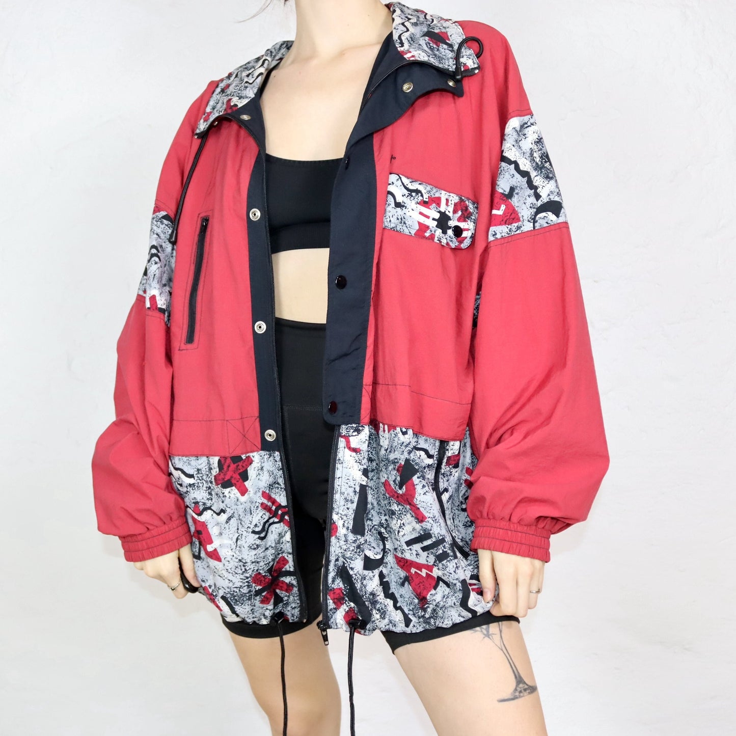 Vintage 80s 90s ETIREL tracksuit jacket windbreaker jacket crazy pattern red black double-layered 56 XL