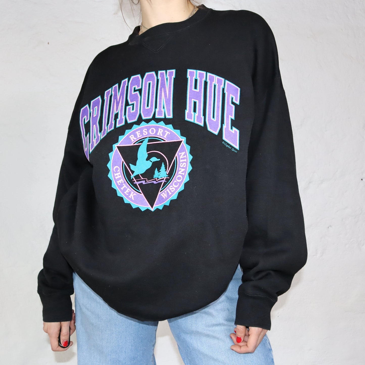Vintage 90er BAC Gopher Sport Sweatshirt Pullover schwarz lila türkis XL