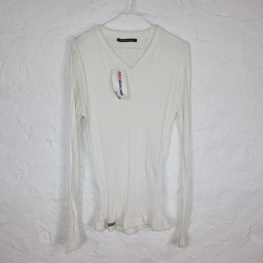 Vintage 90er 00er Y2K Longsleeve Strickshirt V-Ausschnitt weiß M