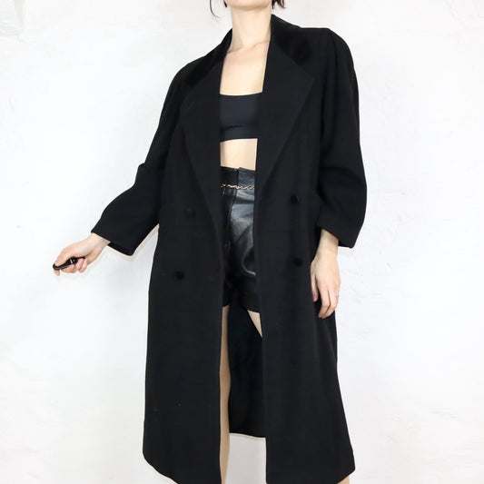 Vintage 80er 90er Wollmantel Mantel schwarz Samtkragen Premium Basic 40