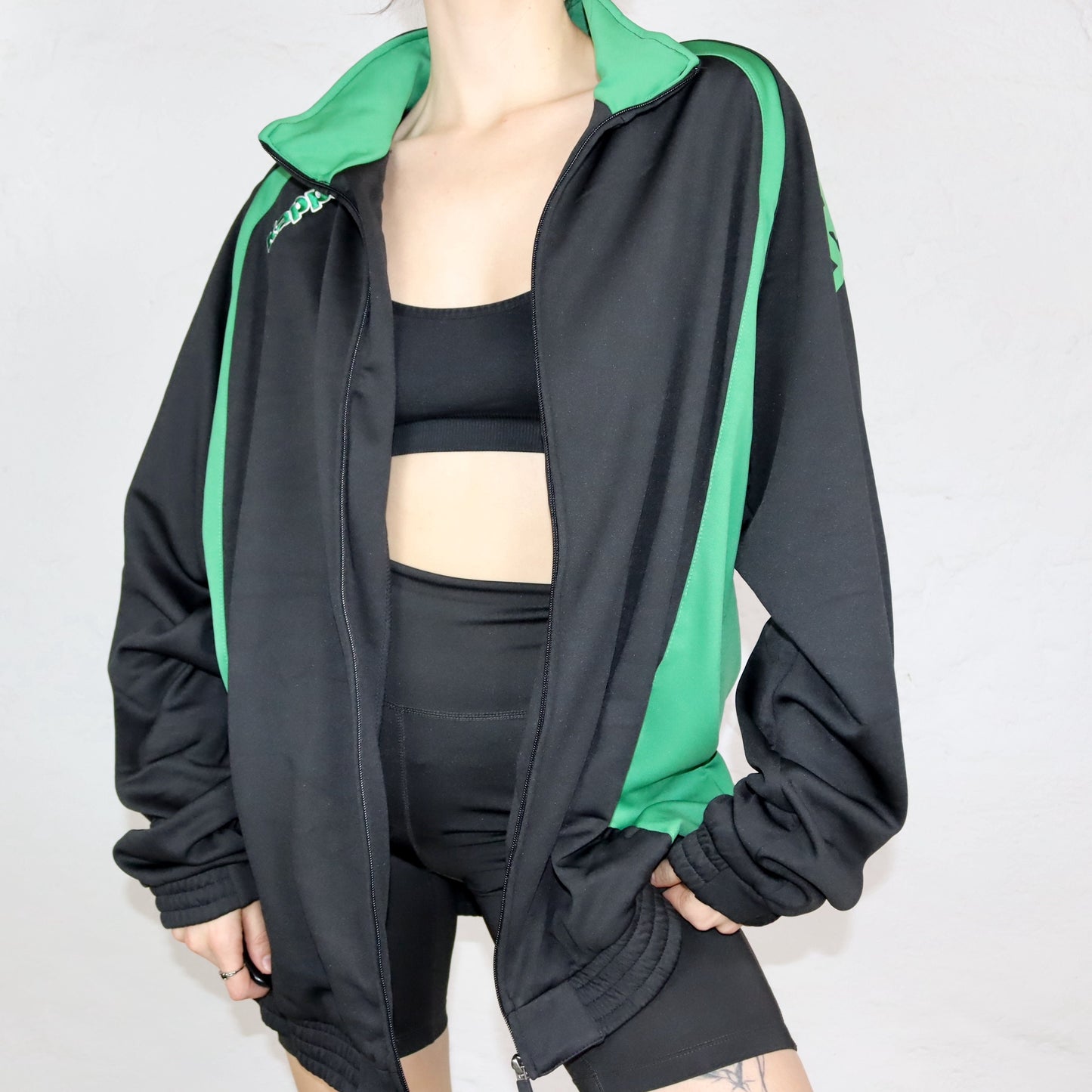 Vintage 90s 00s Y2K KAPPA tracksuit jacket black green stand-up collar UNWORN with label XXL