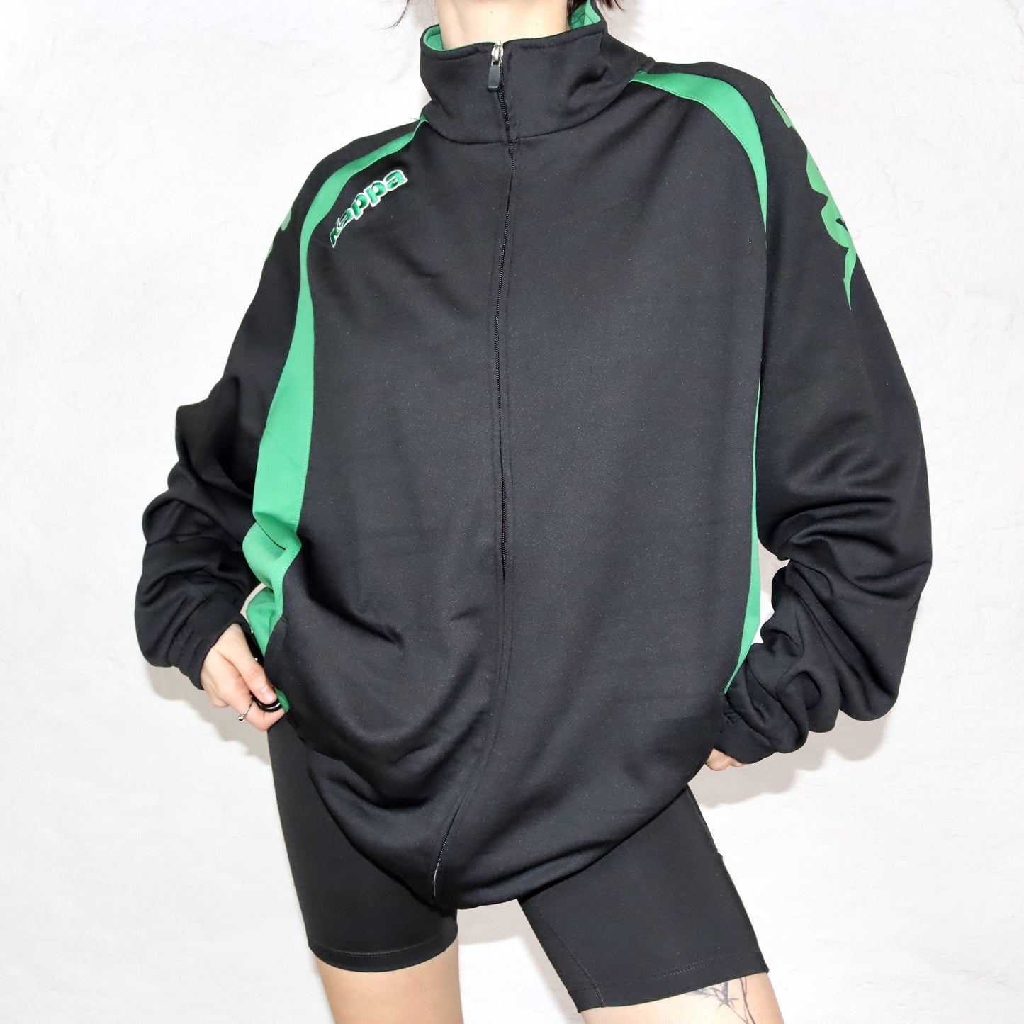 Vintage 90s 00s Y2K KAPPA tracksuit jacket black green stand-up collar UNWORN with label XXL