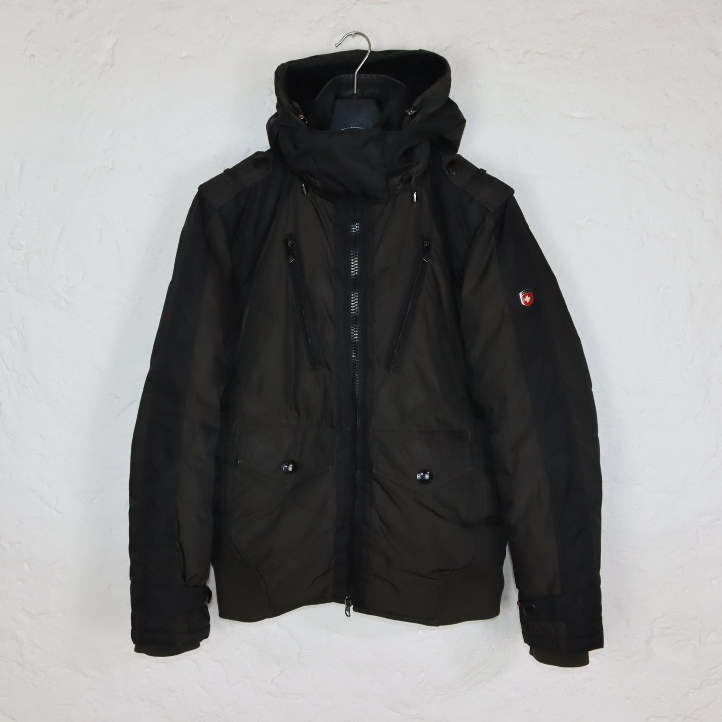 Vintage 00er Y2K WELLENSTEYN Winterjacke gefüttert mit Kapuze schwarz khaki metallic S